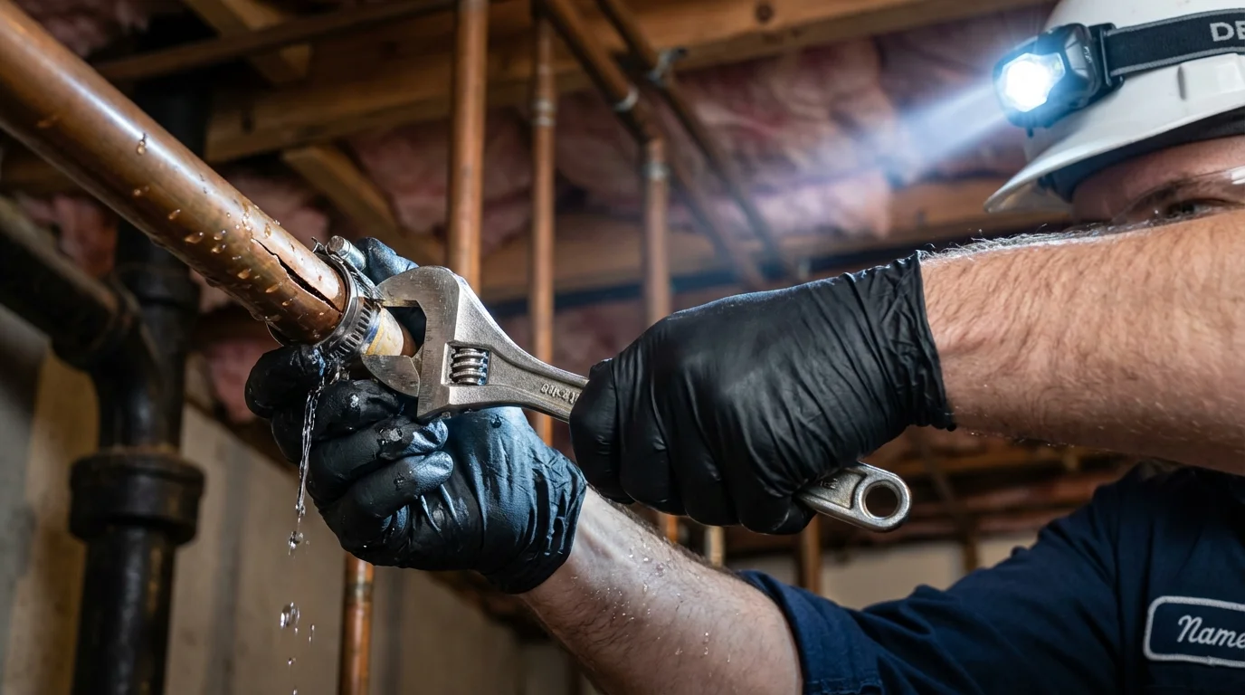 Emergency pipe clamp repair being performed by a Johns Plumbing LLC plumber in Madison