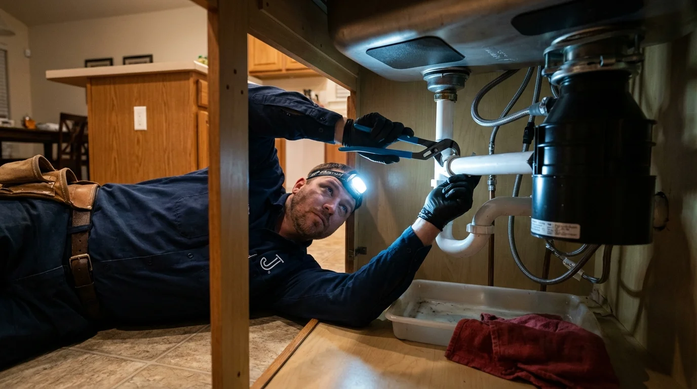 P-trap and supply line connections under a kitchen sink showing a common leak point in Madison, OH